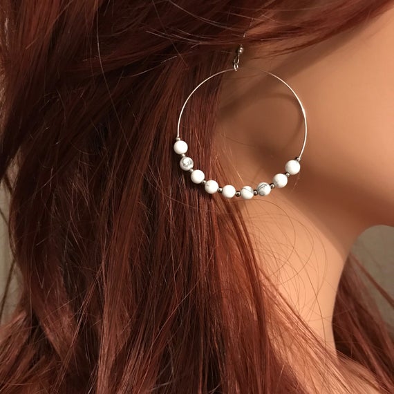 Howlite Earrings: Large Single Silver Hoop