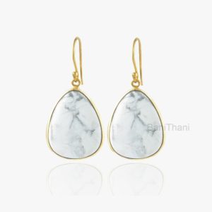 Shop Howlite Jewelry! Howlite Earrings, White Howlite 16x24mm Pear Gemstone Sterling Silver Earrings, Dangle Drop Earrings, Gold Plated Earrings, Gift For Mother | Natural genuine Howlite jewelry. Buy crystal jewelry, handmade handcrafted artisan jewelry for women.  Unique handmade gift ideas. #jewelry #beadedjewelry #beadedjewelry #gift #shopping #handmadejewelry #fashion #style #product #jewelry #affiliate #ad