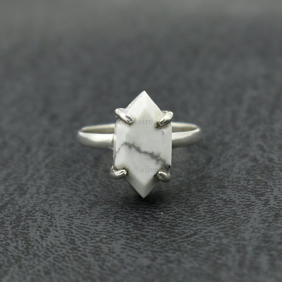 Howlite Ring, 925 Sterling Silver, White Howlite 8x15 Mm Hexagon Step Cut Gemstone Ring, Prong Ring, Sterling Silver Ring, Women Ring, Gift