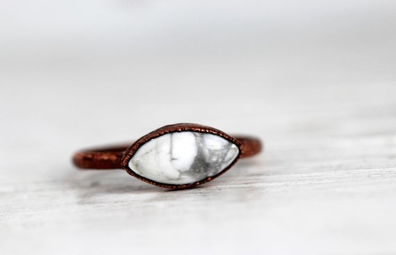 Howlite Ring - Simple Stone Stacker - Marquise Cabochon - Electroformed Stone