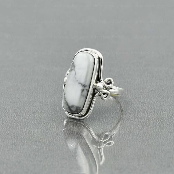 Howlite Ring, Sterling Silver, White Howlite 8x20 Mm Cushion Ring, Statement Ring, Silver Ring, White Stone Ring, Women Ring, Gemstone Ring