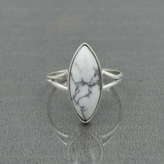 Howlite Ring, Sterling Silver, White Howlite 8x20 Mm Marquise Ring, Statement Ring, Silver Ring, White Stone Ring, Women Ring, Gemstone Ring