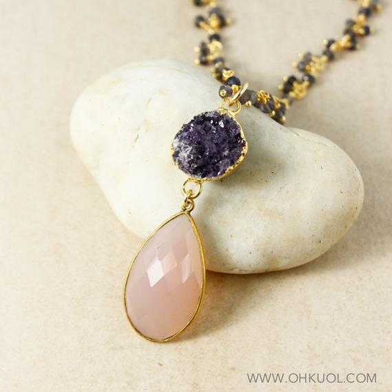 Gold Purple Druzy & Pink Chalcedony Teardrop Necklace, Blue Iolite Cluster Chain, Statement Necklace