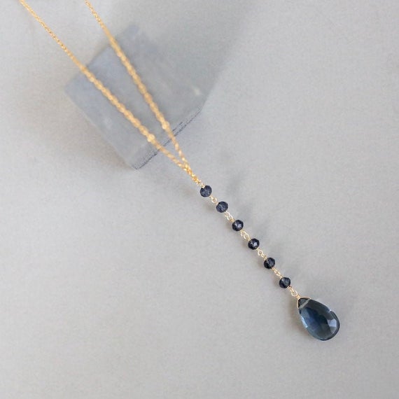Iolite Necklace - Iolite Y Pendant Necklace For Women - Dainty Gold Gemstone Pendant