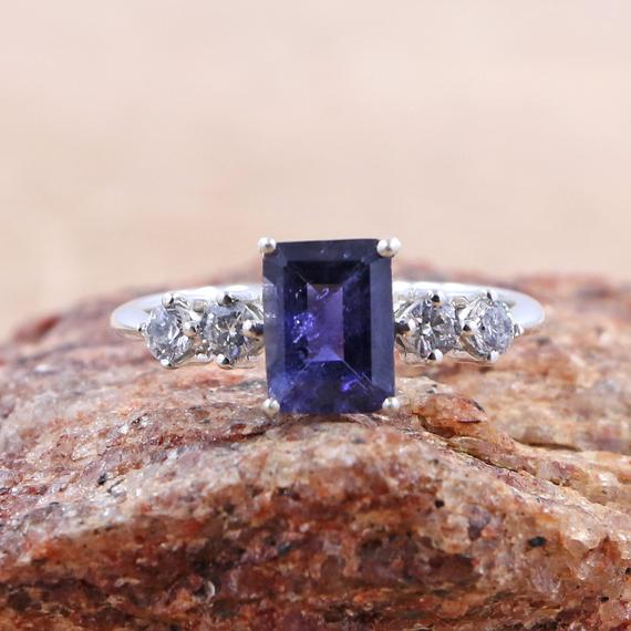 Amazing Ring Of Iolite With Cubic Zirconia For Special One/ 6*8 Mm Octagon Shape Iolite Ring/ 925 Sterling Silver Ring Of Blue Iolite
