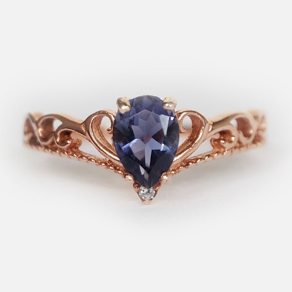 Iolite Engagement Ring, Vintage Crown Ring, Pear Iolite Ring, Princess Tiara Ring, Iolite Ring, Bridal Ring, 14k Crown Ring, Purple Crown