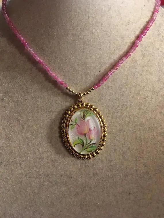 Pink Necklace - Flower Pendant - Gold Jewelry - Magenta Jade Gemstone Jewellery - Luxe - Beaded - Dainty