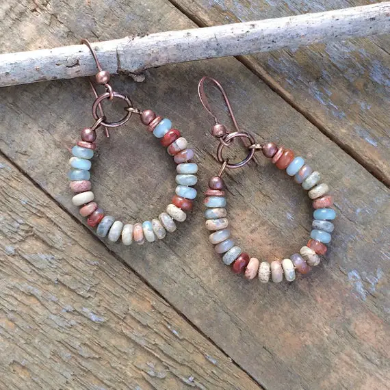 African Opal Earrings, Small Copper Hoop Earrings, Jasper Stone Jewelry, Earthy Stone Jewelry, Mothers Day Earrings, Horseshoe Earrings
