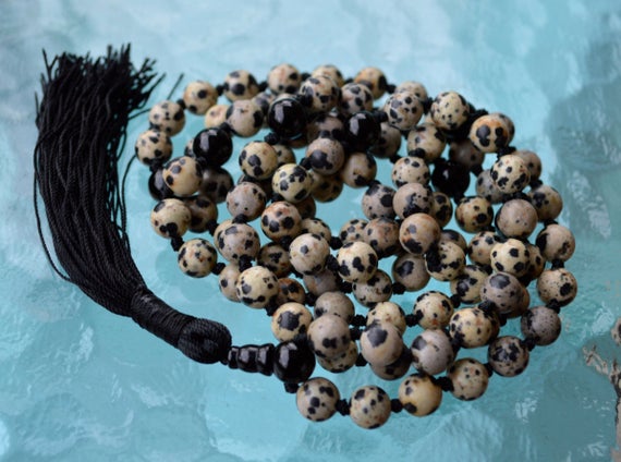 108 Beaded Dalmatian Jasper Mala Beads Necklace, Black White Stone Yoga Necklace, Knotted Prayer Beads, Jasper Jewelry, Trendy Stone Necklac