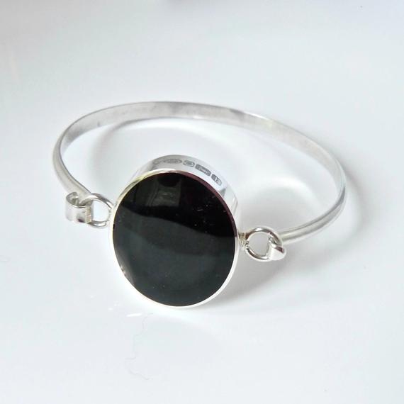 Whitby Jet Bangle- Handmade - Sterling Silver - Tension Bangle Set With Oval Whitby Jet Stone - Silver Bangle