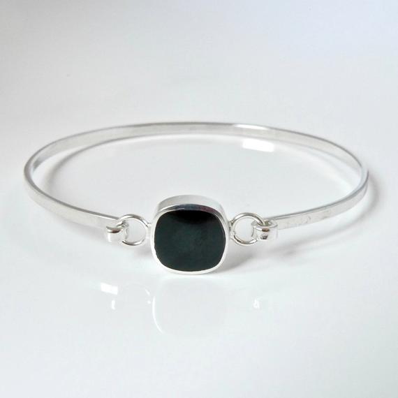 Whitby Jet Tension Bangle Rounded Square Design - Handmade In Sheffield