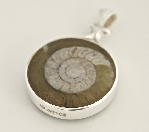 Ammonite & Whitby Jet Reversable Pendant Handmade Silver Pendant