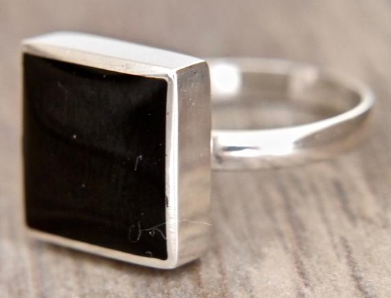 Whitby Jet Ring - Handmade Sterling Silver Square Ring Set With Whitby Jet - Womens Ring - Stone Ring