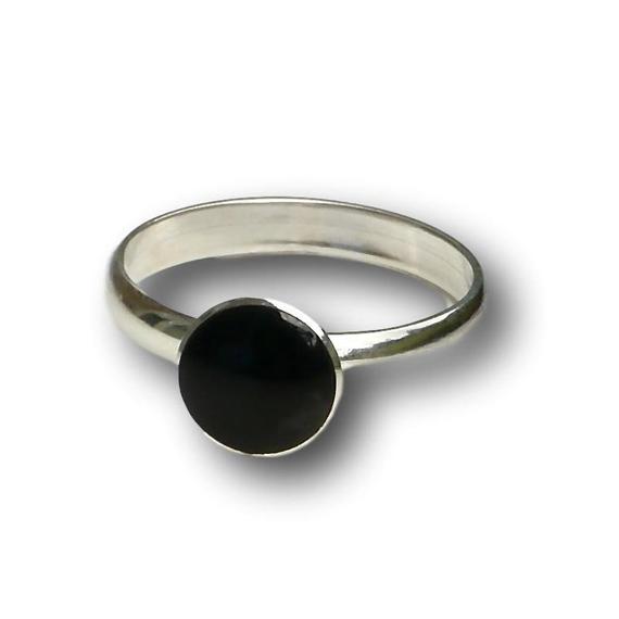 Whitby Jet Round Ring - Handmade- Sterling Silver
