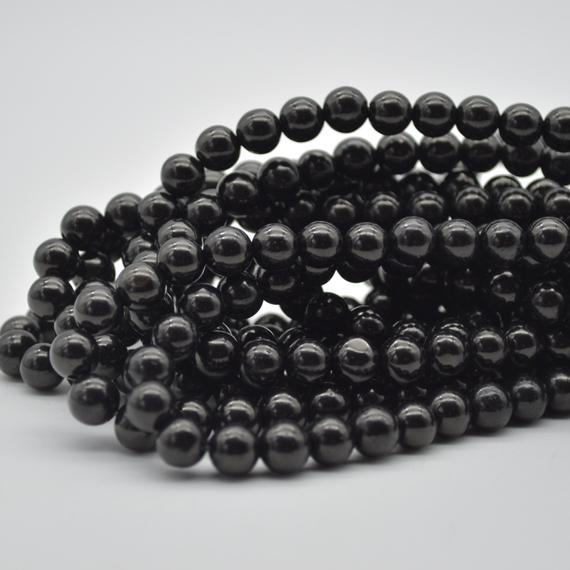 Large Hole (2mm) Beads - Natural Black Jet Semi-precious Gemstone Round Beads - 8mm - 15" Strand