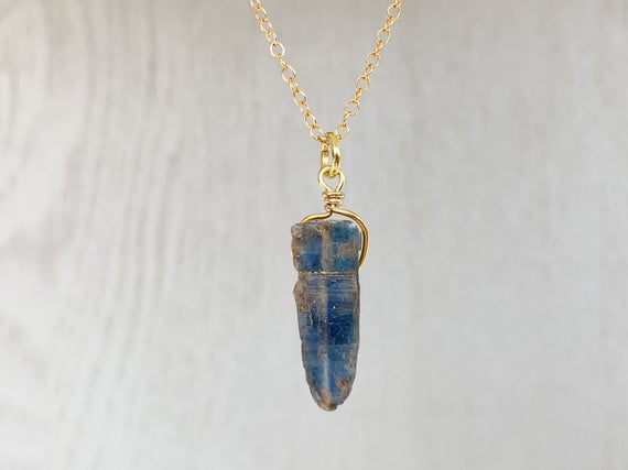 Kyanite Pendant Necklace 14k Yellow Gold Filled Or Sterling Silver Blue Kyanite Wire Wrapped Healing Crystal Necklace, Blue Stone Necklace