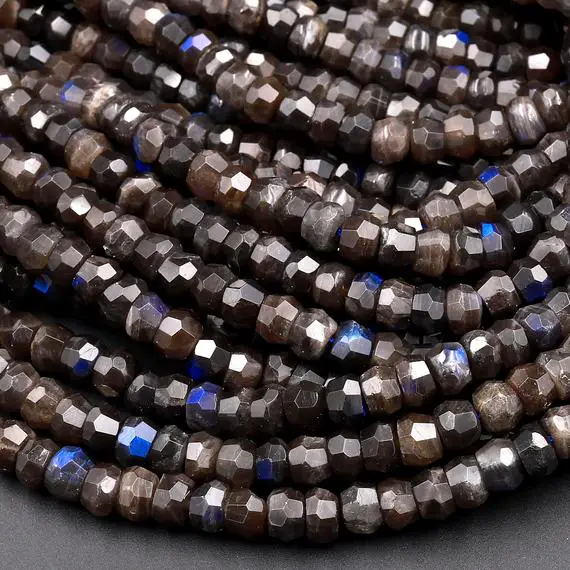 Rare Natural Black Labradorite Faceted Rondelle Beads 6mm 8mm 10mm Blue Flashes In Deep Dark Chocolate Background 15.5" Strand