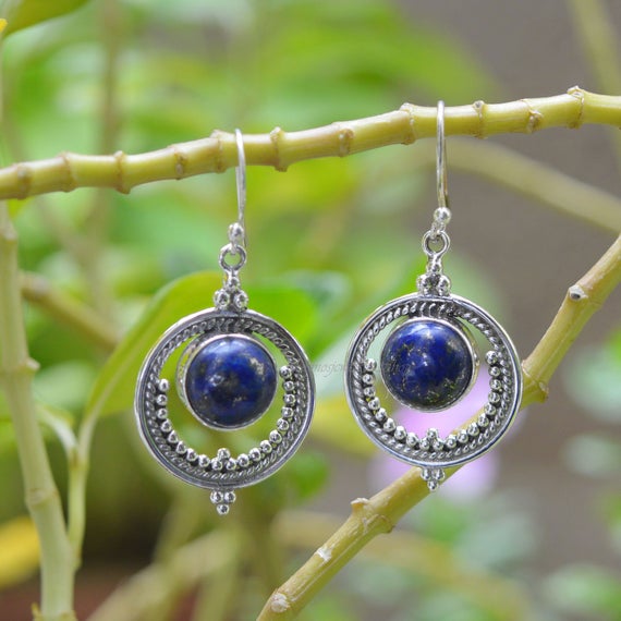 Lapis Lazuli Earrings, Sterling Silver, Lapis Lazuli 8x8mm Round Dangle Earrings, Lapis Jewelry, Gemstone Earrings, Gift For Her, Earrings