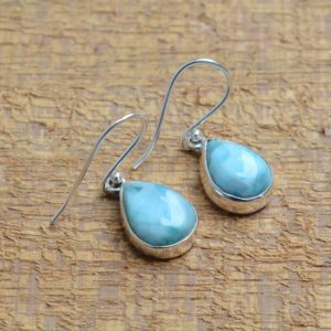 Shop Larimar Jewelry! Larimar Earrings, 925 Sterling Silver Earrings, Larimar 10x14mm Pear Shape Earrings, Boho Earrings, Handmade Earrings, Silver Earrings, Gift | Natural genuine Larimar jewelry. Buy crystal jewelry, handmade handcrafted artisan jewelry for women.  Unique handmade gift ideas. #jewelry #beadedjewelry #beadedjewelry #gift #shopping #handmadejewelry #fashion #style #product #jewelry #affiliate #ad