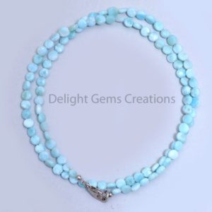 Natural Larimar 5mm-6mm Coin Beads Necklace, Blue Dominican Larimar Smooth Coin Beads, Larimar Beaded Necklace, Elegant Larimar Neck Piece | Natural genuine Array jewelry. Buy crystal jewelry, handmade handcrafted artisan jewelry for women.  Unique handmade gift ideas. #jewelry #beadedjewelry #beadedjewelry #gift #shopping #handmadejewelry #fashion #style #product #jewelry #affiliate #ad