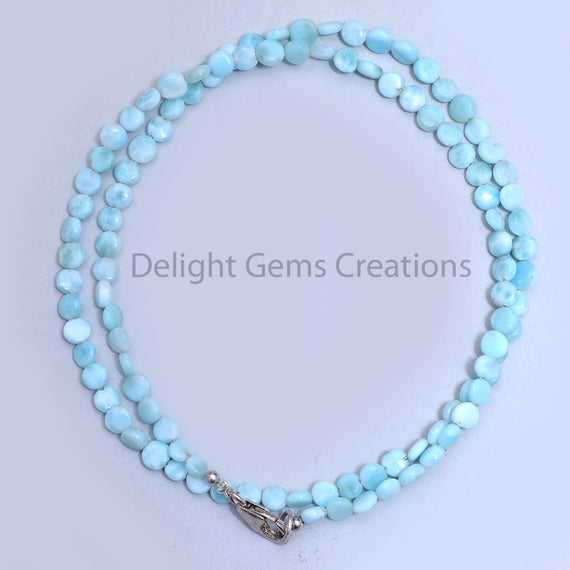 Natural Larimar 5mm-6mm Coin Beads Necklace, Blue Dominican Larimar Smooth Coin Beads, Larimar Beaded Necklace, Elegant Larimar Neck Piece