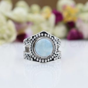 Shop Larimar Rings! Blue Larimar Ring, Sterling Silver Ring, Round Shape Stone Ring, Statement Ring, Cabochon Gemstone Ring, Split Band Ring, Crown Ring, Boho | Natural genuine Larimar rings, simple unique handcrafted gemstone rings. #rings #jewelry #shopping #gift #handmade #fashion #style #affiliate #ad
