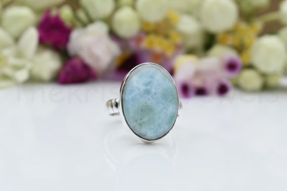 Blue Larimar Stone Ring, Sterling Silver Ring, Oval Shape Ring, Simple Band Ring, Natural Gemstone , Dainty Ring, Cabochon Gemstone, Boho