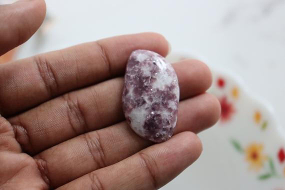 Natural Pink Lepidolite Cabochon Semiprecious Loose Gemstone For Jewelry Making Gemstones Handmade Dimensions-38x23x5mm Wt-7.9gm...