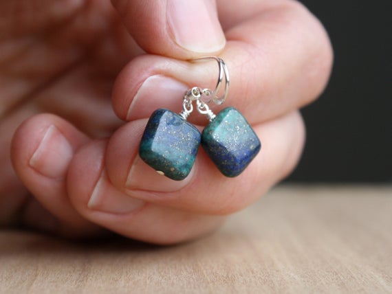 Malachite Azurite Earrings . Blue Green Stone Earrings Dangle . Natural Gemstone Earrings Sterling Silver