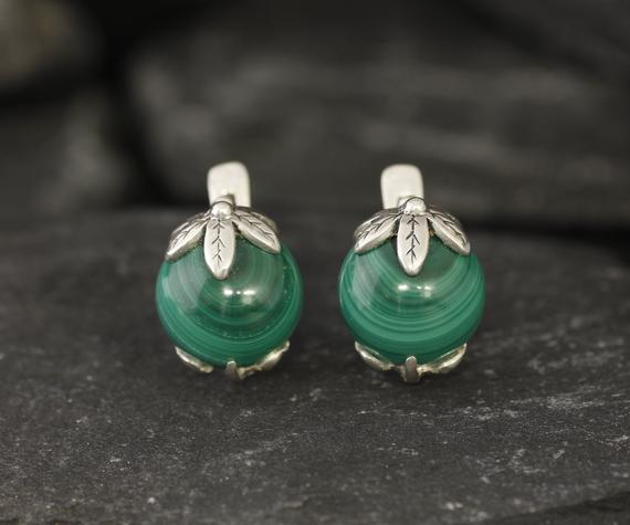 Green Leaf Earrings, Malachite Studs, Natural Malachite, Flower Earrings, Green Vintage Earrings, Round Ball Earrings, Solid Silver Earrings