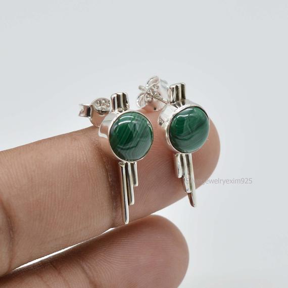 Natural Malachite Earrings | Pear Malachite Earrings | 8mm Round Green Malachite Earrings | Gemstone Earrings | 925 Sterling Silver Earrings
