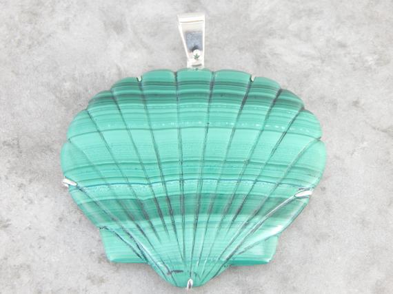 Large Malachite Carved Scallop Shell Statement Pendant Vl3ny8-d