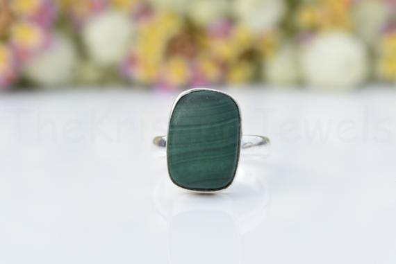 Green Malachite Ring, Sterling Silver Ring, Cushion Stone Ring, Statement Ring, Cabochon Gemstone, Silver Band Ring, Natural Gemstone, Boho