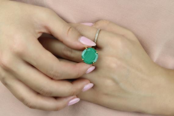 Natural Malachite Ring · Round Diamond Cut Ring · 14k White Gold Ring · Handmade Vintage Ring · Malachite Green Ring