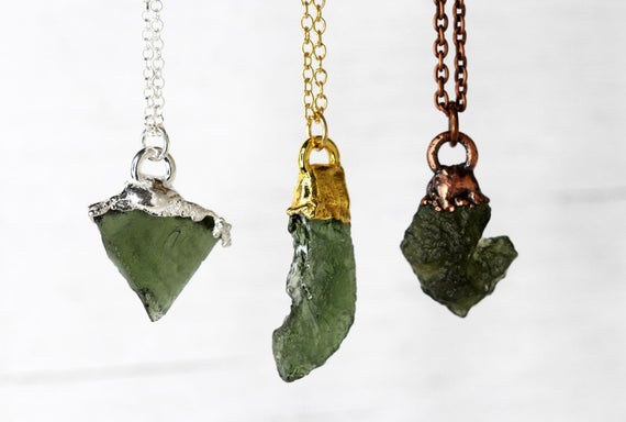 Moldavite Necklace - Green Tektite Pendant - Copper Necklace - Collector Gift - Green Crystal