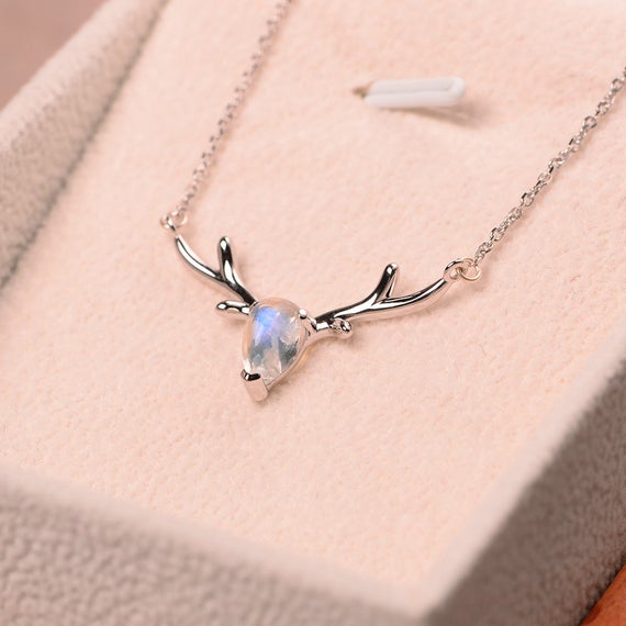 Moonstone Pendant, Pear Cut, Antler Necklace, Christmas Present, Silver Chain, Lovely Necklace For Women