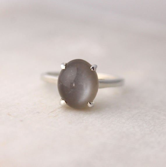 Grey Moonstone 925 Handmade Silver Ring-simple Moonstone Solitaire Ring-moonstone Cabochon Ring-june Birthstone Ring-vintage Moonstone Ring