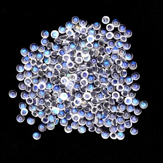 Aaa White Rainbow Blue Fire Moonstone 1.5mm - 2.5mm Round Cabochon | Flashy Bluish Shimmer Natural Gemstone Cabochon | Wholesale Cabs Lot |