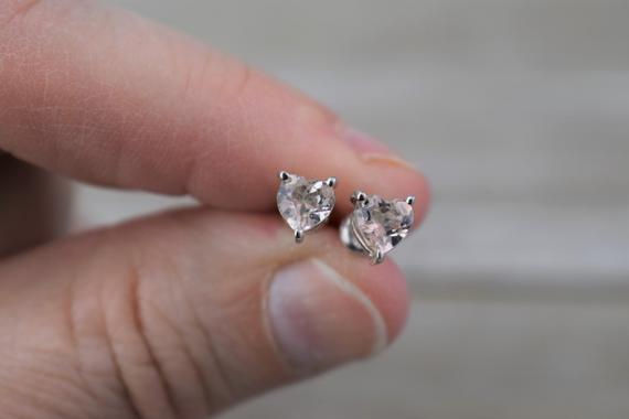 Morganite Heart Stud Earrings (sterling Silver) - Pink - Natural Faceted Gemstone - 5 Mm