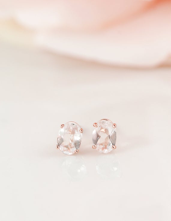 Rose Gold Oval Pink Morganite Studs, Dainty Morganite Earrings, Prong Set Oval Studs, Baby Pink Bridesmaid Earrings, Gift For Wife