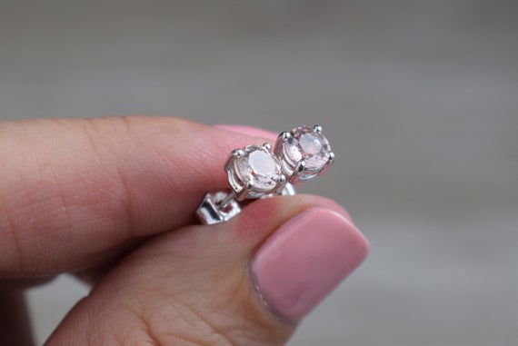 Morganite Stud Earrings (sterling Silver) - Pink - Natural Faceted Gemstone - 5 Mm Round