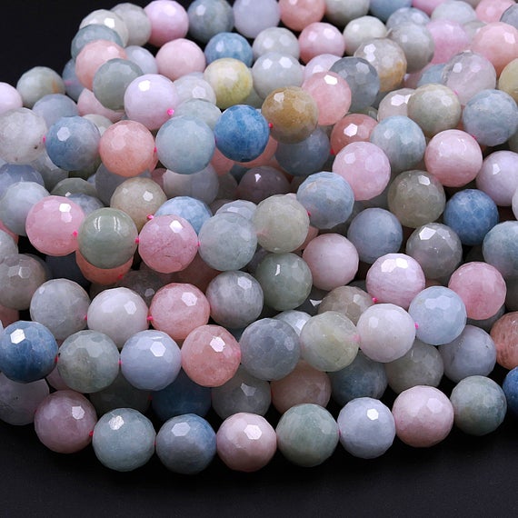 Micro Faceted Natural Blue Aquamarine Pink Morganite Round Beads 6mm 8mm 10mm 12mm 15.5" Strand