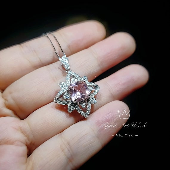 Square Pink Morganite Necklace - Gemstone Medal Of Honor Flower  - Sterling Silver Star Celestial Jewelry -  Morganite Jewelry Pendant #574