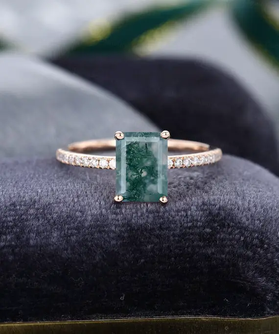 Rose Gold Emerald Cut Moss Agate Engagement Ring Vintage Half Eternity Diamond Ring Vintage Bridal Art Deco Anniversary Gift For Women