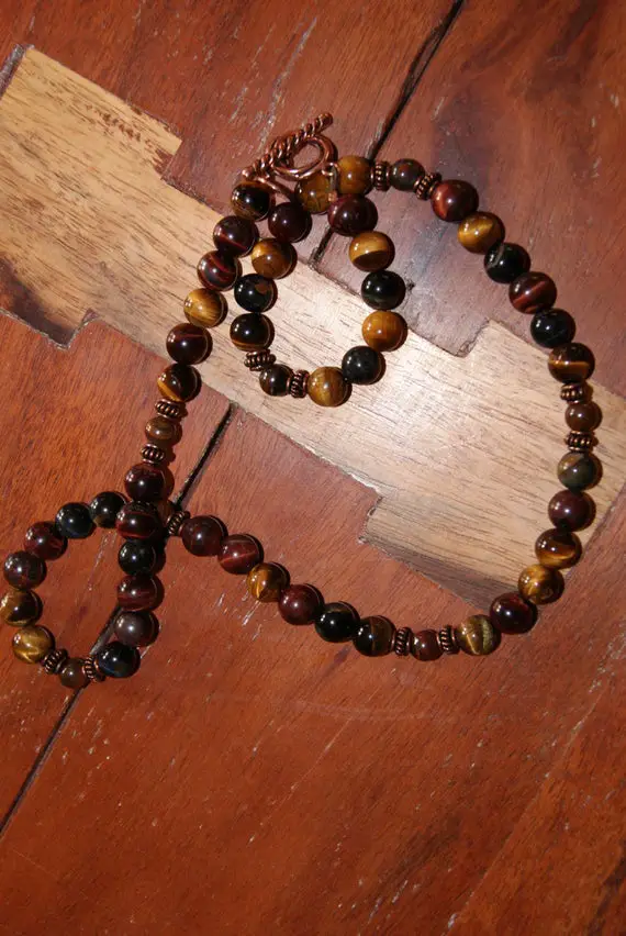 Multi-colored Tigers Eye And Petrified Wood Necklace With Copper Accents And Clasp