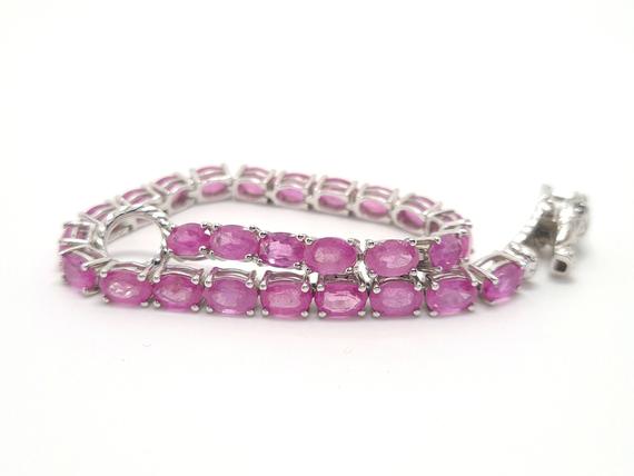Natural Fissure Filled Pink Sapphire Ovals Tennis Silver Bracelet, Exclusive Design Sleek Tennis Silver Bracelet, Pink Sapphire Bracelet