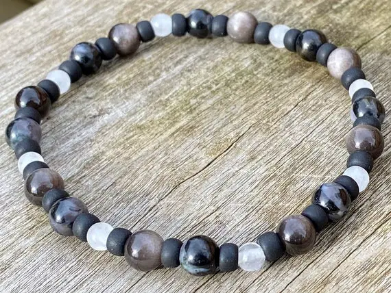 Mens Danburite, Silver Sheen Obsidian And Gabro Healing Stone Bracelet Or Anklet With Positive Healing Energy!