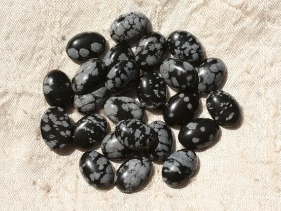 1pc - Cabochon Pierre - Obsidienne Flocon De Neige Mouchetée Ovale 14x10mm Gris Noir - 4558550006677