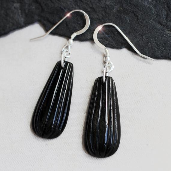 Ebony  -  Carved Black Obsidian And Sterling Silver Earrings
