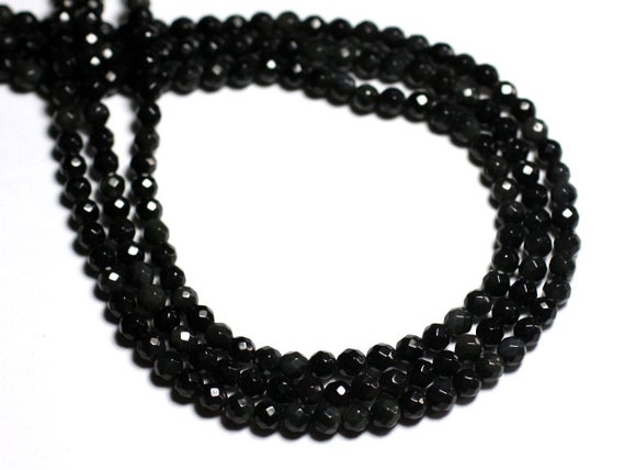 Fil 39cm 88pc Env - Perles De Pierre - Obsidienne Noire Arc En Ciel Boules Facettées 4mm